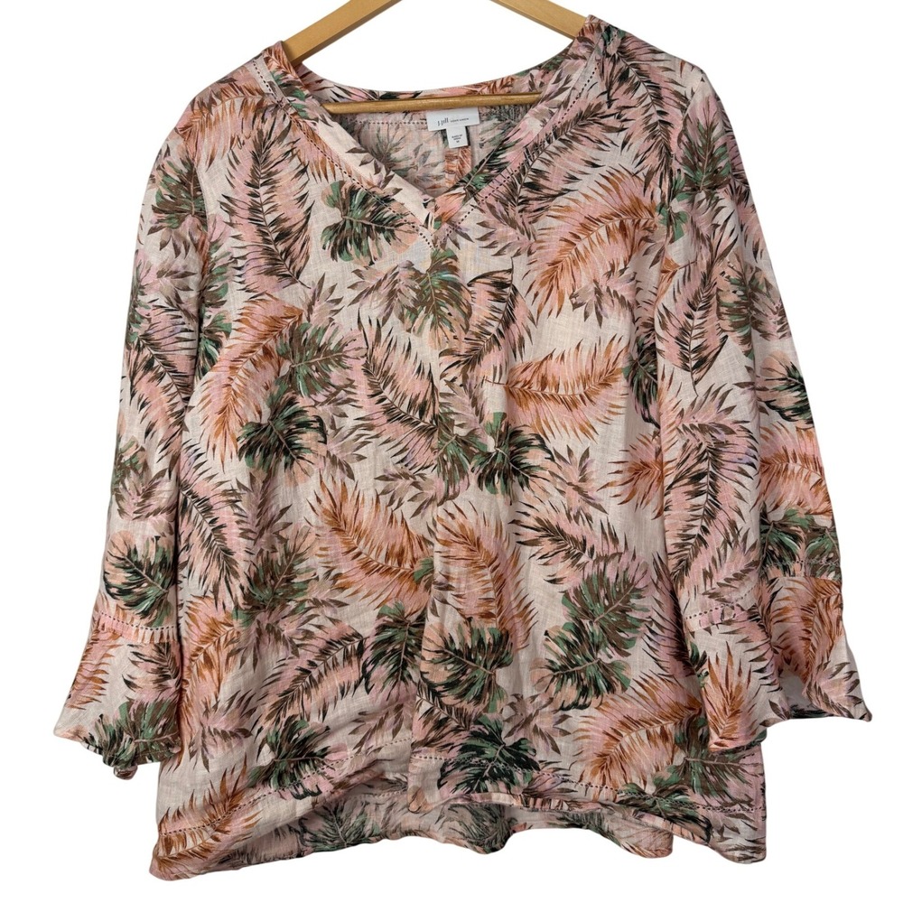 J. Jill Love Linen Tropical Palm Print V-Neck Bell Sleeve Top Pink Med Coastal